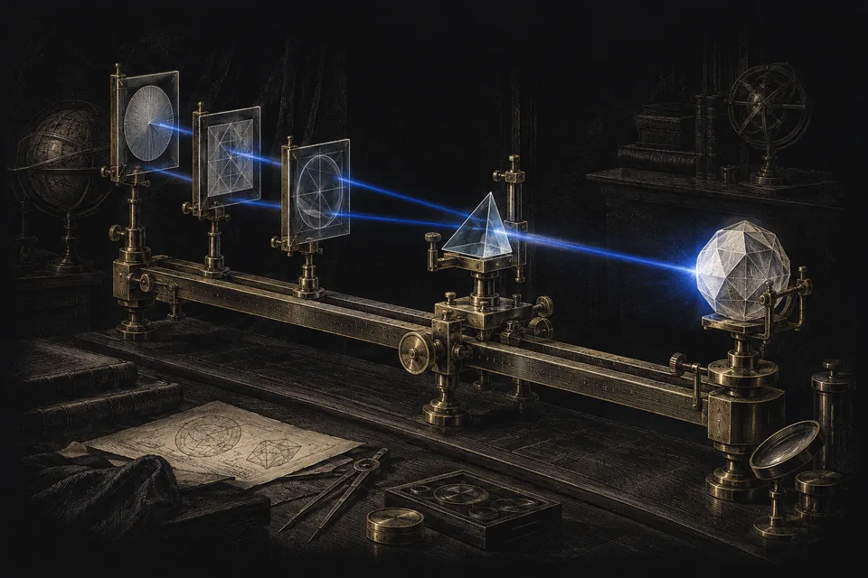 An engraved optical bench sending blue beams through geometric lenses and a prism.