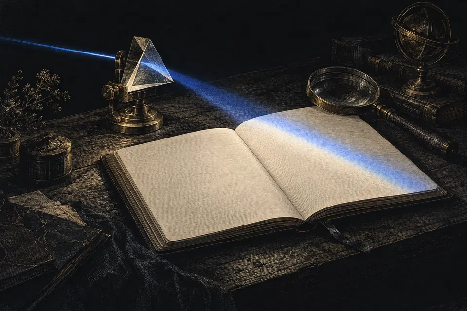 An engraved notebook illuminated by a blue beam through an optical prism.