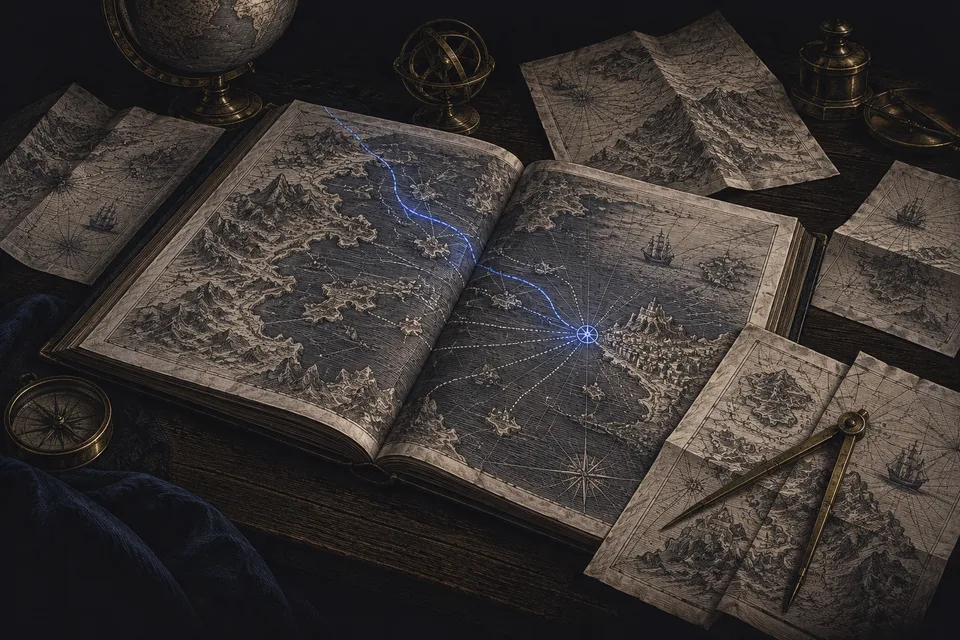 An engraved atlas with separate routes converging on a selected point.
