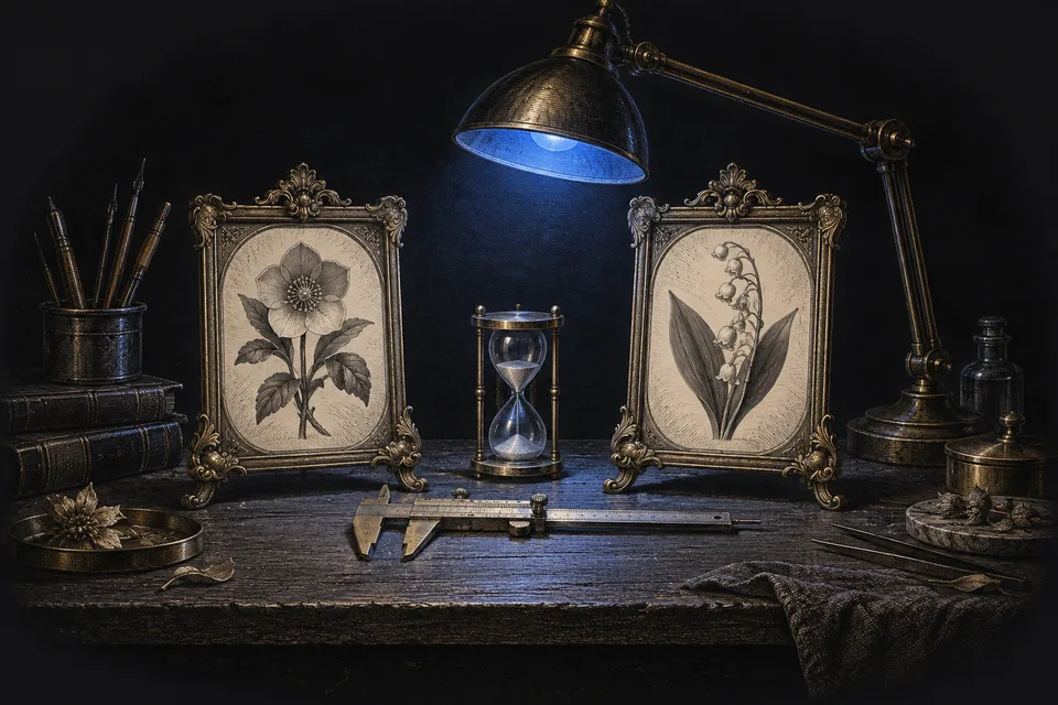 Two botanical display frames under the same lamp, with a caliper and hourglass.