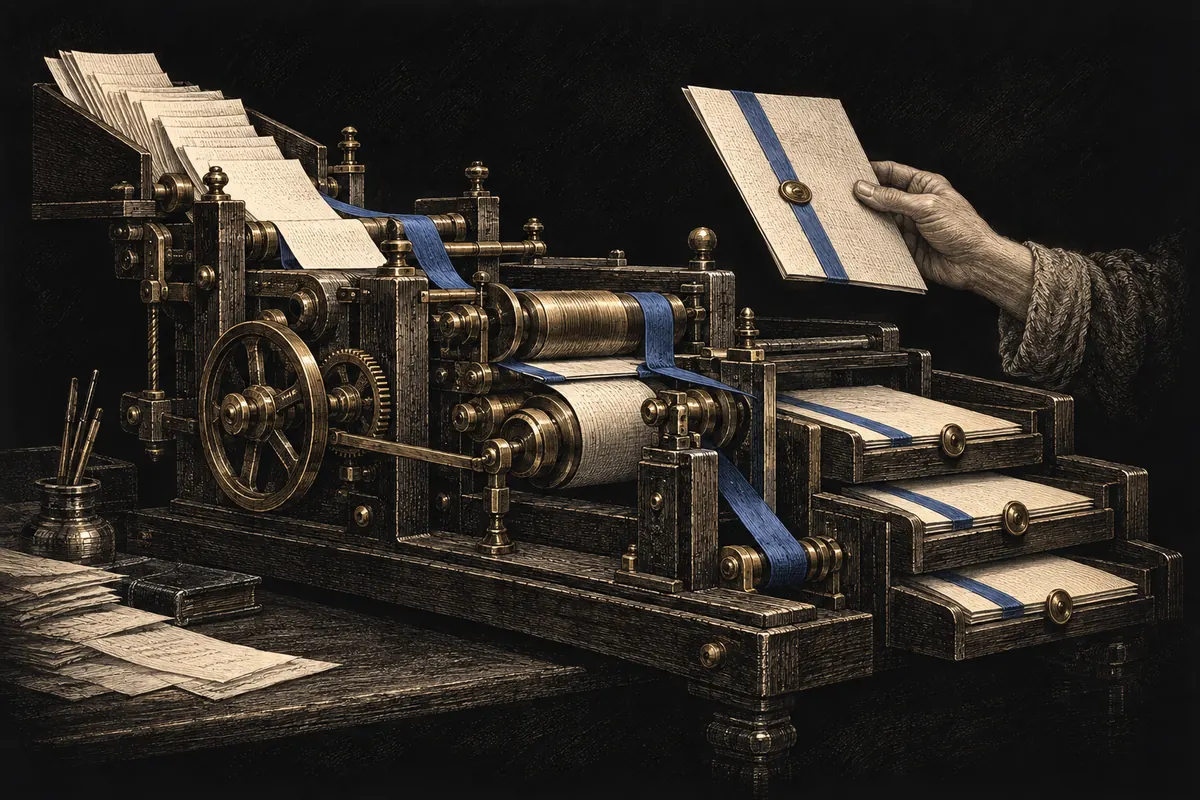 An engraved dispatch machine gathers loose papers into finished folios, with a person reviewing the output.