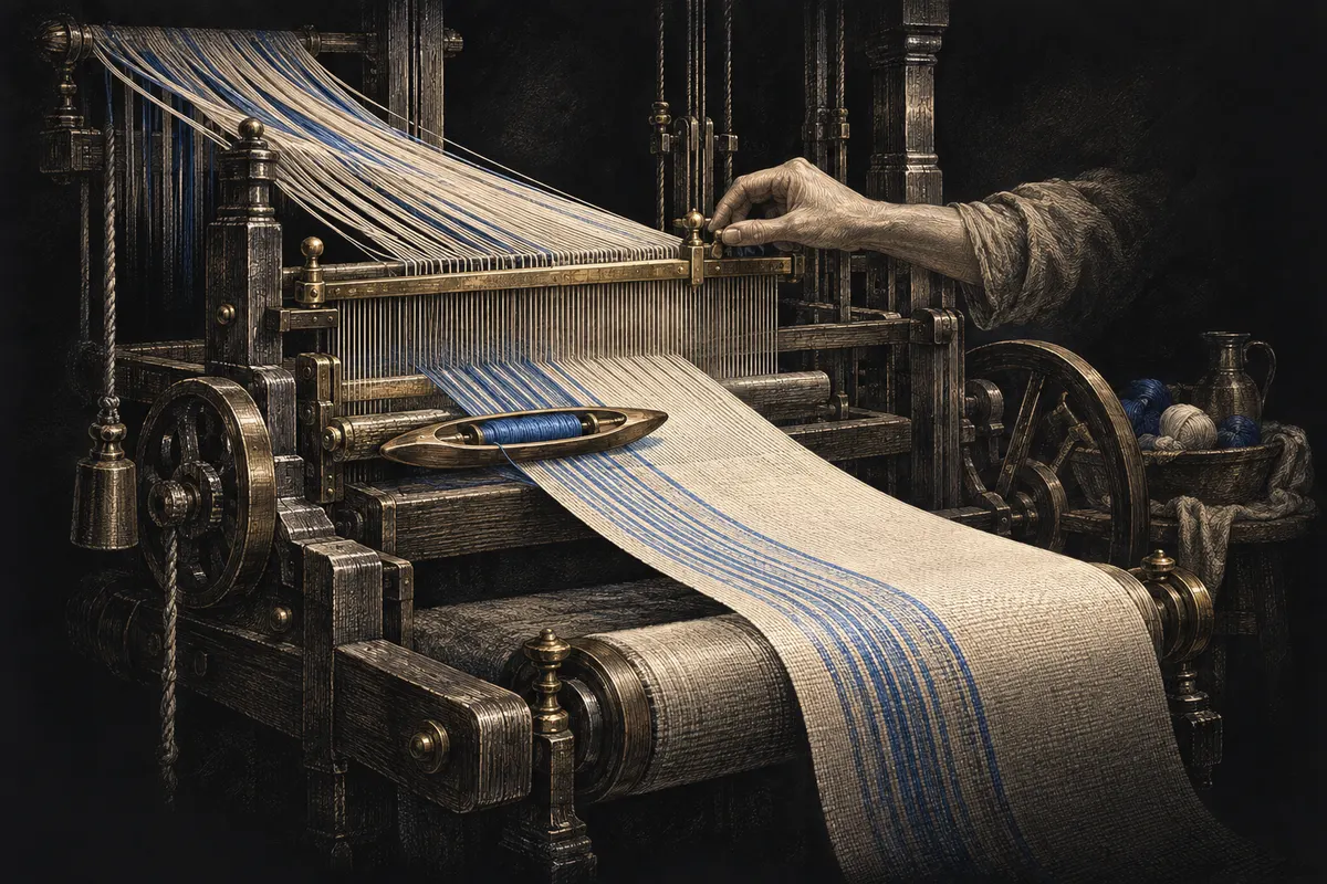 An engraved loom brings separate threads into one woven fabric while a craftsperson adjusts the guide.