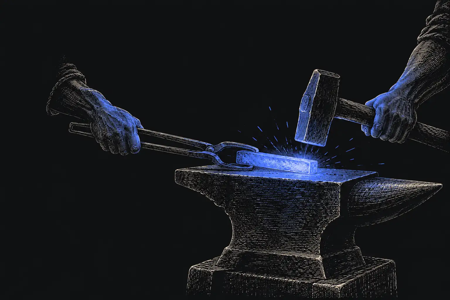 A craftsperson shaping a glowing piece of metal on an anvil.