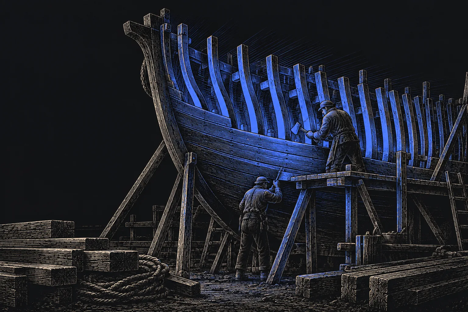 A ship taking shape in a traditional shipyard.