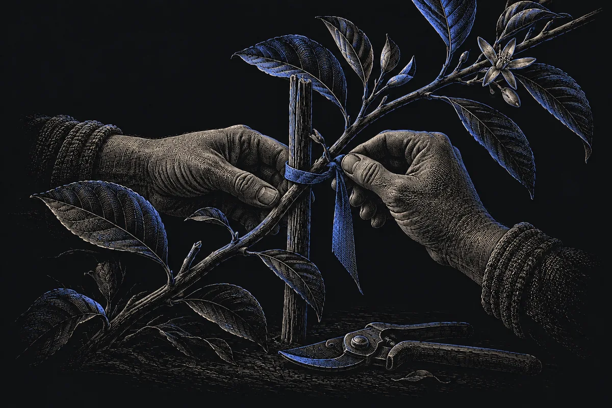Hands supporting a young branch with a blue ribbon.