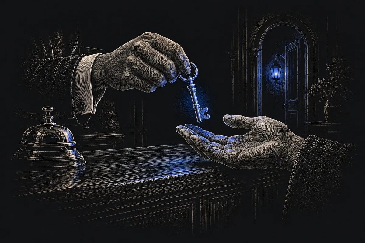 A host handing a room key across a hotel reception desk to a guest.