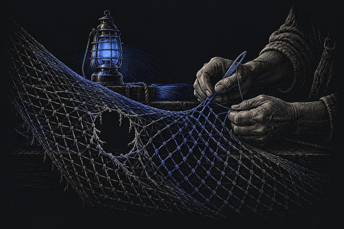 A fisherman repairing an opening in a net with a blue thread.